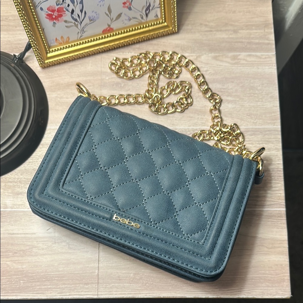 bebe Quilted Blue Shoulder Bag with Gold Chain
